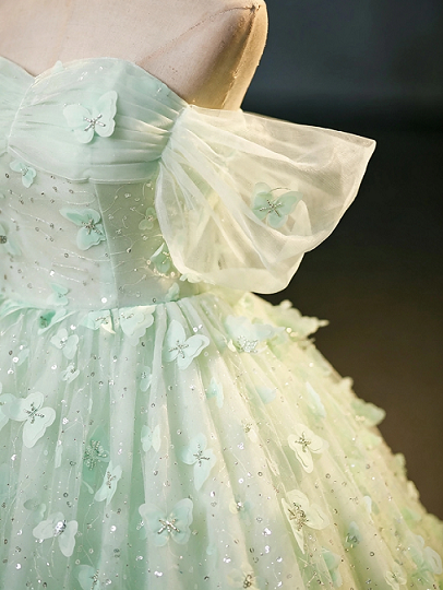 Sweet 16 Dress Mint Green Off Shoulder Ruffle Sleeve 3D Butterfly Glitter Tulle Ball Gown