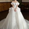 Ivory Off Shoulder Bow Sleeve Rhinestone Glitter Tulle Ball Gown Wedding Dress