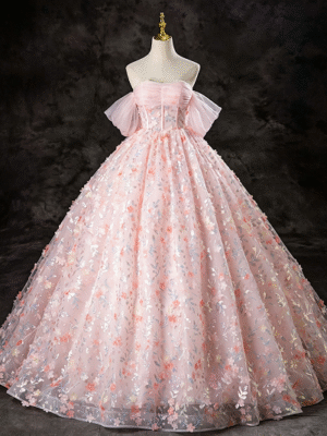 Sweet 16 Dress Blush Pink Off Shoulder Puff Sleeve Corset 3D Floral Glitter Tulle Ball Gown
