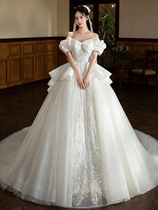 Ivory Off Shoulder Bow Sleeve Rhinestone Glitter Tulle Ball Gown Wedding Dress