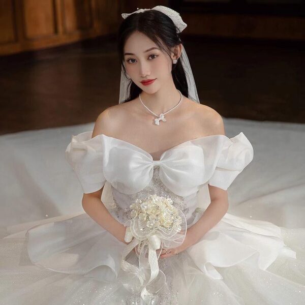 Ivory Off Shoulder Bow Sleeve Rhinestone Glitter Tulle Ball Gown Wedding Dress