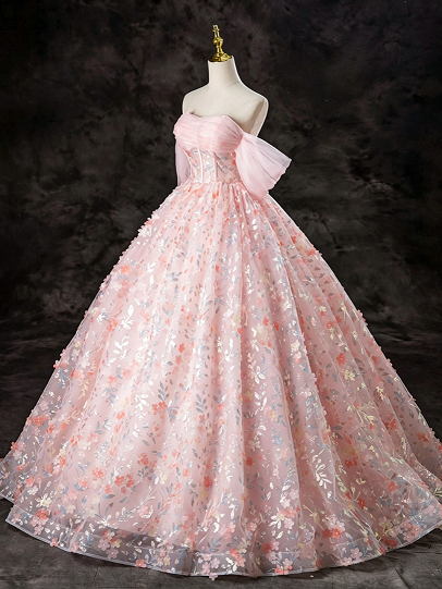 Sweet 16 Dress Blush Pink Off Shoulder Puff Sleeve Corset 3D Floral Glitter Tulle Ball Gown