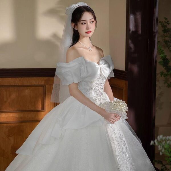 Ivory Off Shoulder Bow Sleeve Rhinestone Glitter Tulle Ball Gown Wedding Dress