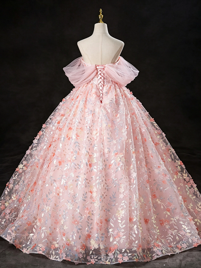 Sweet 16 Dress Blush Pink Off Shoulder Puff Sleeve Corset 3D Floral Glitter Tulle Ball Gown