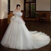 Ivory Off Shoulder Bow Sleeve Rhinestone Glitter Tulle Ball Gown Wedding Dress