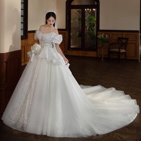 Ivory Off Shoulder Bow Sleeve Rhinestone Glitter Tulle Ball Gown Wedding Dress