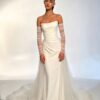 Ivory Strapless Ruched Satin Mermaid Wedding Dress With Sheer Tulle Train