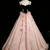 Sweet 16 Dress Black Spaghetti Straps Sweetheart Bodice Pink 3D Feather Textured Ball Gown