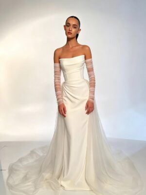 Ivory Strapless Ruched Satin Mermaid Wedding Dress With Sheer Tulle Train