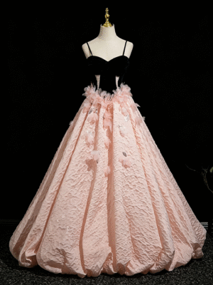 Sweet 16 Dress Black Spaghetti Straps Sweetheart Bodice Pink 3D Feather Textured Ball Gown