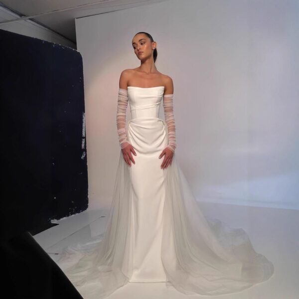 Ivory Strapless Ruched Satin Mermaid Wedding Dress With Sheer Tulle Train