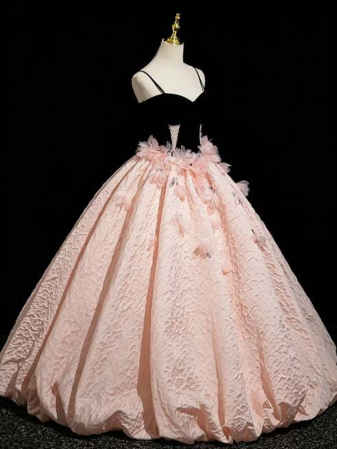 Sweet 16 Dress Black Spaghetti Straps Sweetheart Bodice Pink 3D Feather Textured Ball Gown