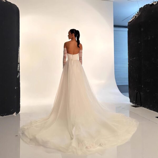 Ivory Strapless Ruched Satin Mermaid Wedding Dress With Sheer Tulle Train