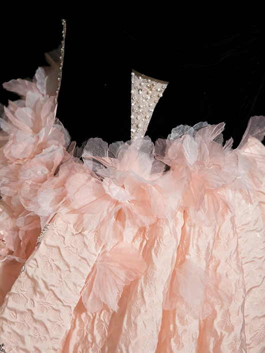Sweet 16 Dress Black Spaghetti Straps Sweetheart Bodice Pink 3D Feather Textured Ball Gown