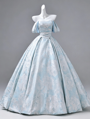 Sweet 16 Dress Light Blue Off Shoulder Puff Sleeve Jacquard Floral Satin Ball Gown