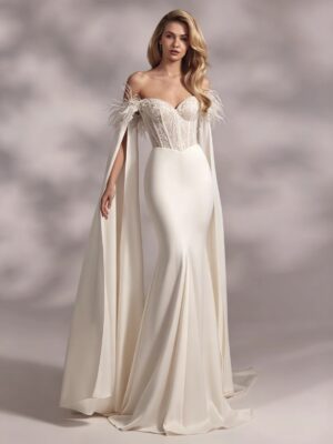 Ivory Off Shoulder Feather Lace Mermaid Wedding Dress With Satin Cape Sleeves