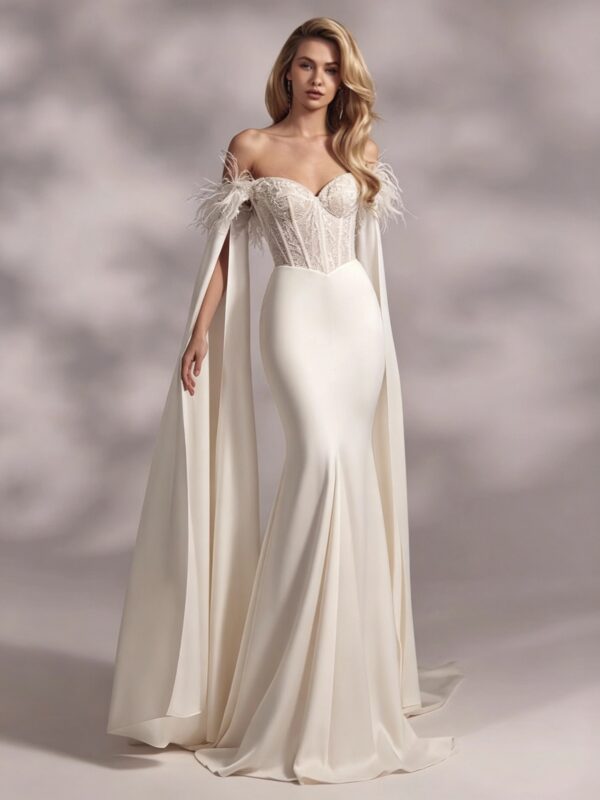 Ivory Off Shoulder Feather Lace Mermaid Wedding Dress With Satin Cape Sleeves
