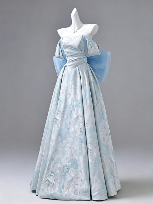 Sweet 16 Dress Light Blue Off Shoulder Puff Sleeve Jacquard Floral Satin Ball Gown