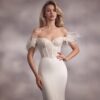 Ivory Off Shoulder Feather Lace Mermaid Wedding Dress With Satin Cape Sleeves