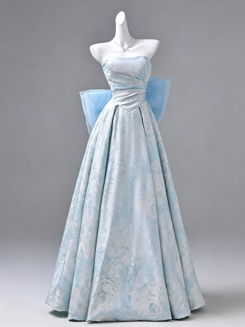 Sweet 16 Dress Light Blue Off Shoulder Puff Sleeve Jacquard Floral Satin Ball Gown