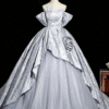 Sweet 16 Dress Silver Off Shoulder 3D Rose Overlay Satin Glitter Tulle Ball Gown