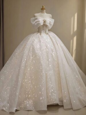 Spaghetti Strap Off Shoulder Big Bow Rhinestone Glitter Tulle Ball Gown Wedding Dress Luxury Sparkly Bridal Gown With Train