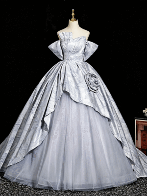 Sweet 16 Dress Silver Off Shoulder 3D Rose Overlay Satin Glitter Tulle Ball Gown
