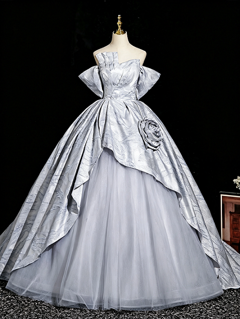 Sweet 16 Dress Silver Off Shoulder 3D Rose Overlay Satin Glitter Tulle Ball Gown