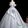 Sweet 16 Dress Silver Off Shoulder 3D Rose Overlay Satin Glitter Tulle Ball Gown