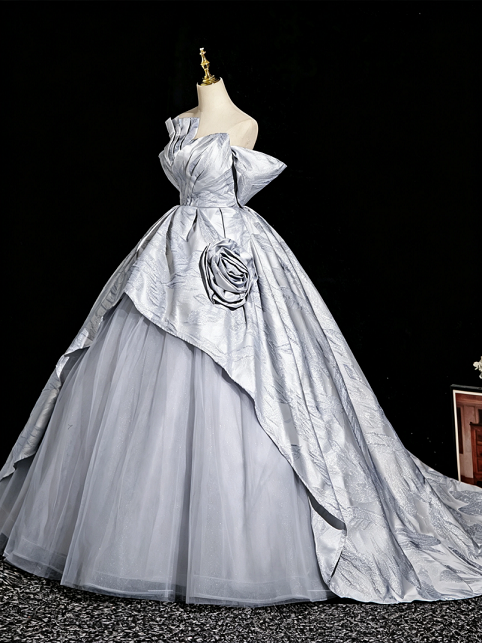 Sweet 16 Dress Silver Off Shoulder 3D Rose Overlay Satin Glitter Tulle Ball Gown