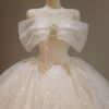 Spaghetti Strap Off Shoulder Big Bow Rhinestone Glitter Tulle Ball Gown Wedding Dress Luxury Sparkly Bridal Gown With Train