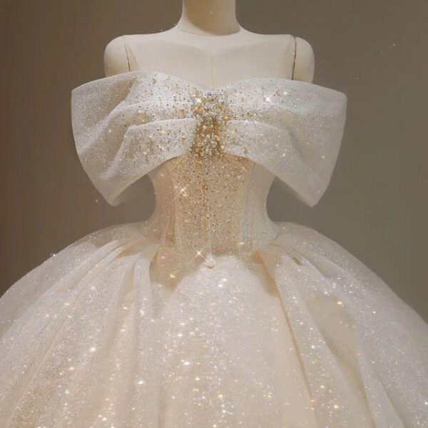 Spaghetti Strap Off Shoulder Big Bow Rhinestone Glitter Tulle Ball Gown Wedding Dress Luxury Sparkly Bridal Gown With Train