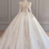 Sheer Puff Shoulder Deep V Long Sleeve Rhinestone Lace Glitter Tulle Ball Gown Wedding Dress Luxury Bridal Gown With Chapel Train