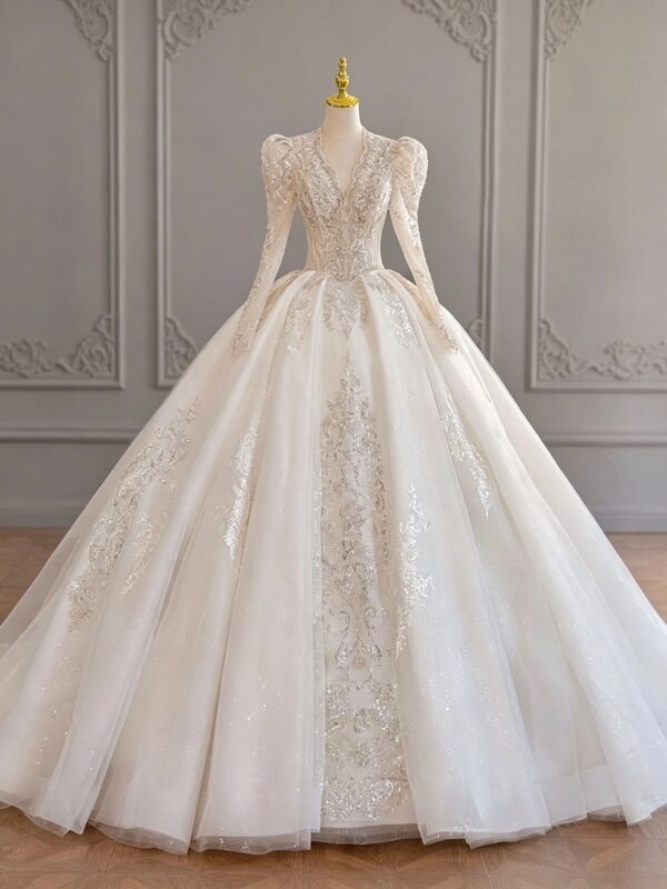 Sheer Puff Shoulder Deep V Long Sleeve Rhinestone Lace Glitter Tulle Ball Gown Wedding Dress Luxury Bridal Gown With Chapel Train