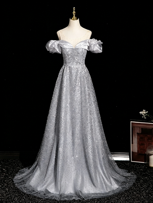 Sweet 16 Dress Silver Off Shoulder Ruffle Sleeve Full Sequin Glitter Tulle A Line Formal Gown