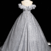 Sweet 16 Dress Silver Off Shoulder Ruffle Sleeve Full Sequin Glitter Tulle A Line Formal Gown