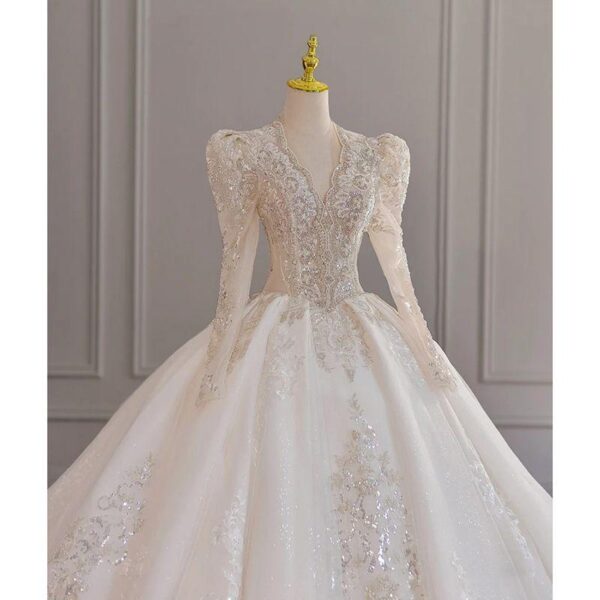 Sheer Puff Shoulder Deep V Long Sleeve Rhinestone Lace Glitter Tulle Ball Gown Wedding Dress Luxury Bridal Gown With Chapel Train