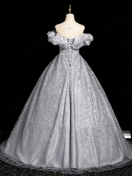 Sweet 16 Dress Silver Off Shoulder Ruffle Sleeve Full Sequin Glitter Tulle A Line Formal Gown