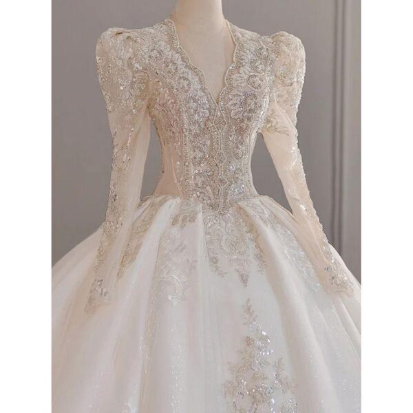 Sheer Puff Shoulder Deep V Long Sleeve Rhinestone Lace Glitter Tulle Ball Gown Wedding Dress Luxury Bridal Gown With Chapel Train