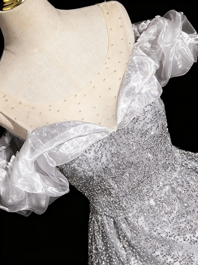 Sweet 16 Dress Silver Off Shoulder Ruffle Sleeve Full Sequin Glitter Tulle A Line Formal Gown