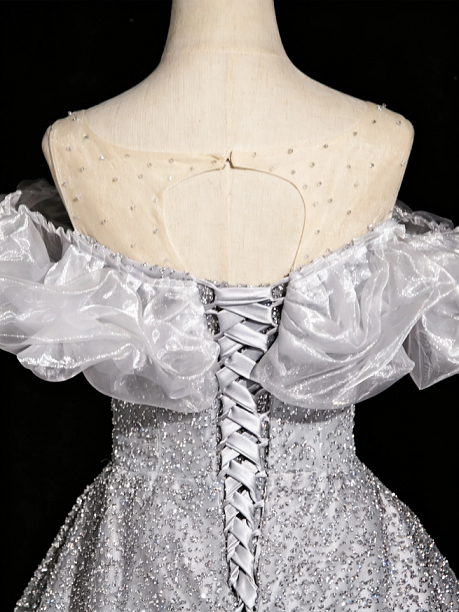 Sweet 16 Dress Silver Off Shoulder Ruffle Sleeve Full Sequin Glitter Tulle A Line Formal Gown