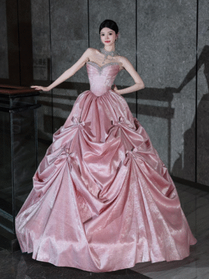 Sweet 16 Dress Dusty Pink Strapless Rhinestone Sweetheart Corset Satin Bow Ball Gown