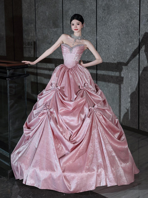 Sweet 16 Dress Dusty Pink Strapless Rhinestone Sweetheart Corset Satin Bow Ball Gown