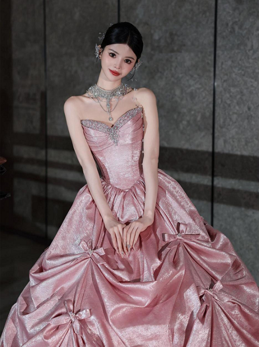 Sweet 16 Dress Dusty Pink Strapless Rhinestone Sweetheart Corset Satin Bow Ball Gown