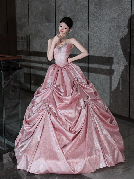 Sweet 16 Dress Dusty Pink Strapless Rhinestone Sweetheart Corset Satin Bow Ball Gown