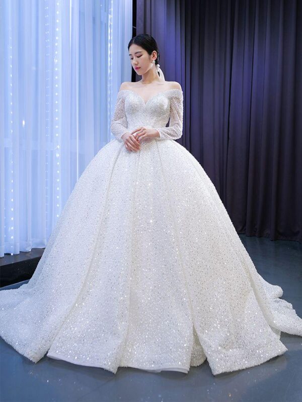 Dreamy Full Rhinestone Off Shoulder Long Sleeve Glitter Tulle Wedding Ball Gown