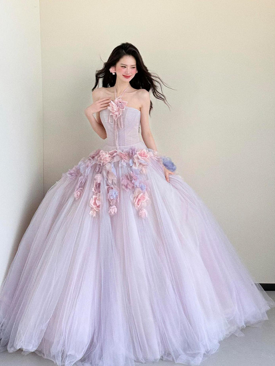 Sweet 16 Dress Lavender Halter Strapless 3D Colorful Floral Tulle Puffy Ball Gown