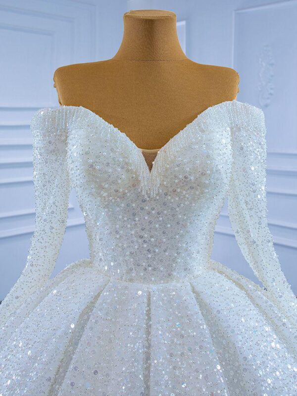 Dreamy Full Rhinestone Off Shoulder Long Sleeve Glitter Tulle Wedding Ball Gown