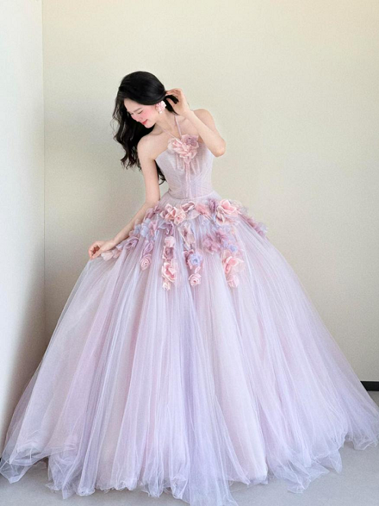 Sweet 16 Dress Lavender Halter Strapless 3D Colorful Floral Tulle Puffy Ball Gown