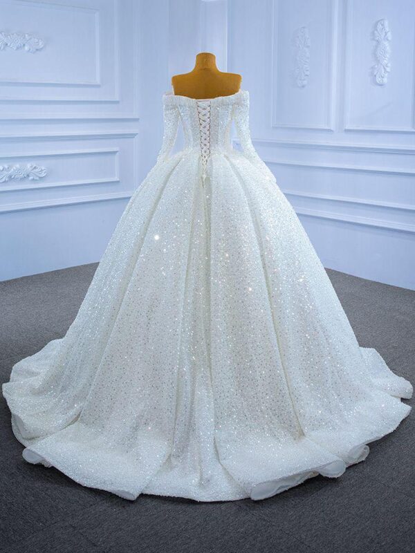 Dreamy Full Rhinestone Off Shoulder Long Sleeve Glitter Tulle Wedding Ball Gown